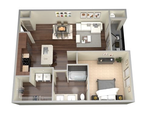 Floor plan for 1 bed, 1 bath, 762 sqft